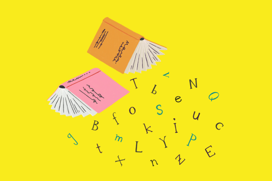 Illustration mit zwei umgedrehten Büchern, aus denen Buchstaben fallen.