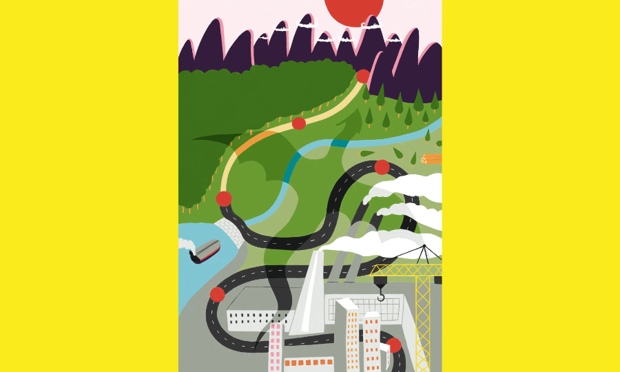 Illustration mit einer Fabrik, von der aus erst eine Straße und dann ein Weg in die Berge im Hintergrund führt.
