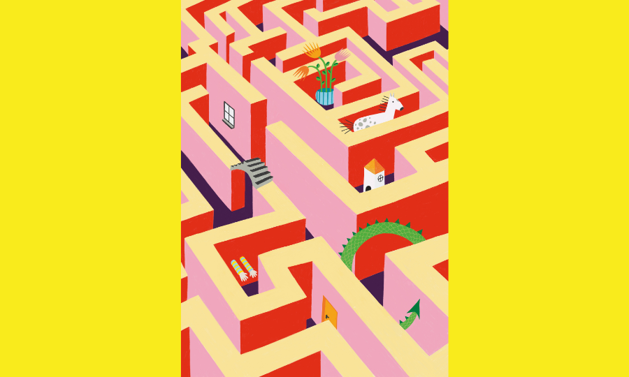 Illustration von einem Labyrinth. Man kann einen Drachenschwanz erkennen, einen kleinen Turm, eine Blume und ein Pferd.