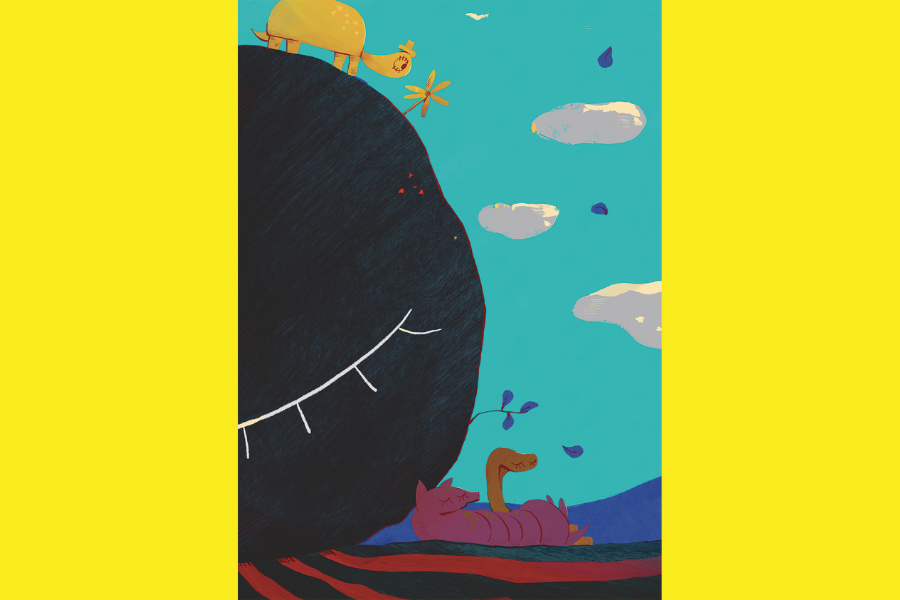 Illustration mit einer Schildkröte auf einem großen runden Stein, darunter eine Schlange und ein Gürteltier