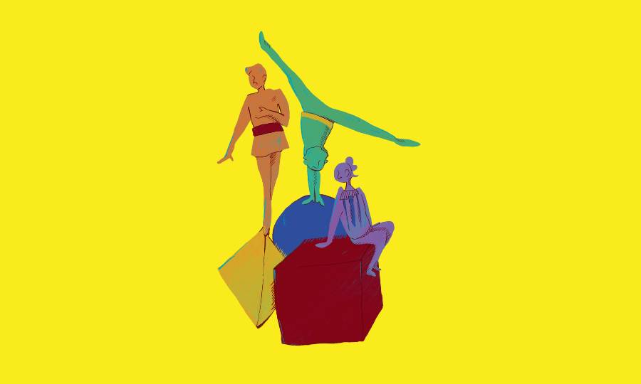 Grafik mit Figuren, die auf einem Quadrat, einem Quader und einer Kugel balancieren