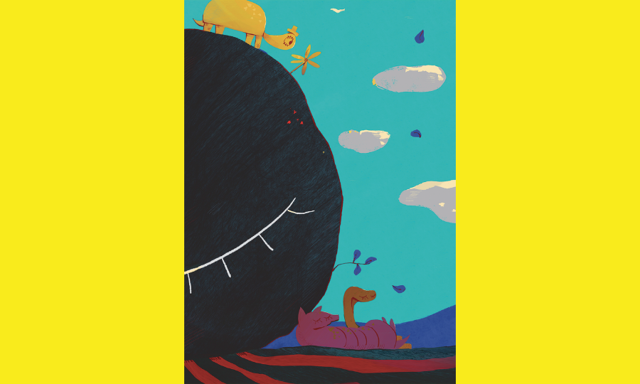 Illustration mit einer Schildkröte auf einem großen runden Stein, darunter eine Schlange und ein Gürteltier