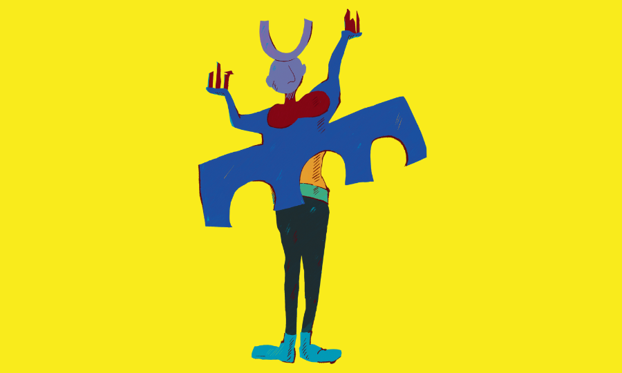 Eine abstrakte Figur it Hörnern am Kopf und einer Art Kamm am Torso vor gelbem Hintergrund