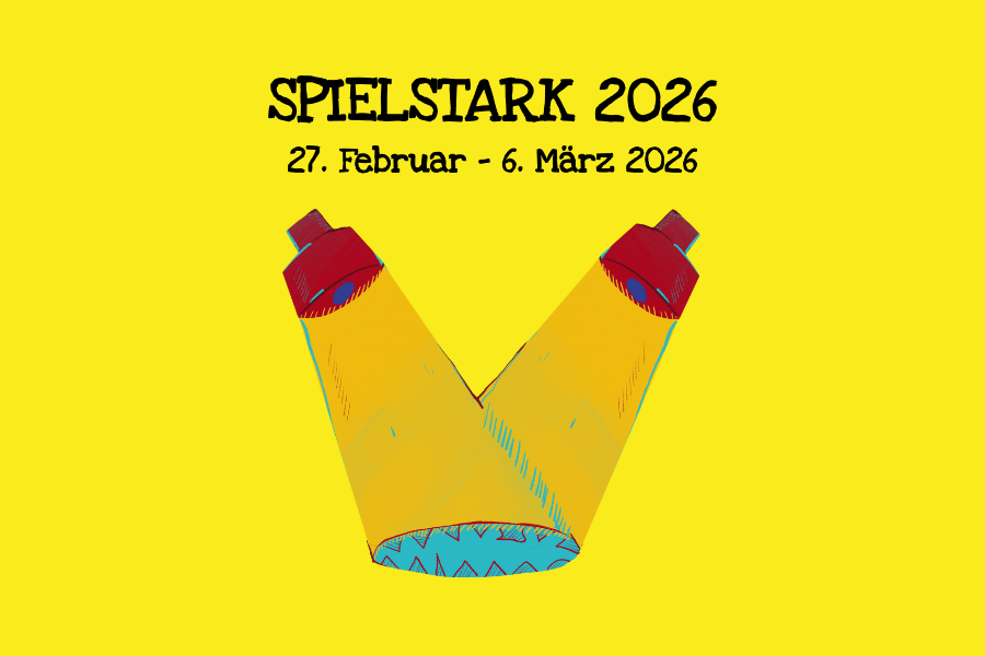 Illustration von zwei Scheinwerfern, die einen blauen Lichtkegel machen, darüber der Text: "SPIELSTARK 2026. 27. Februar - 6. März 2026"