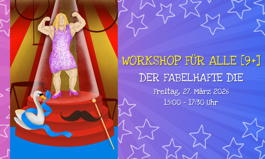 Illustration mit einer Person mit langen blonden Haaren und starken Muskeln auf einem Zirkuspodest