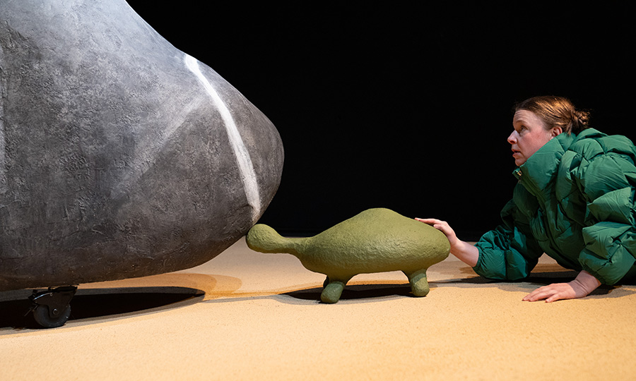 Ein großer Felsen, eine Schildkröte aus Pappmaché und eine Person, die den Felsen anschaut.