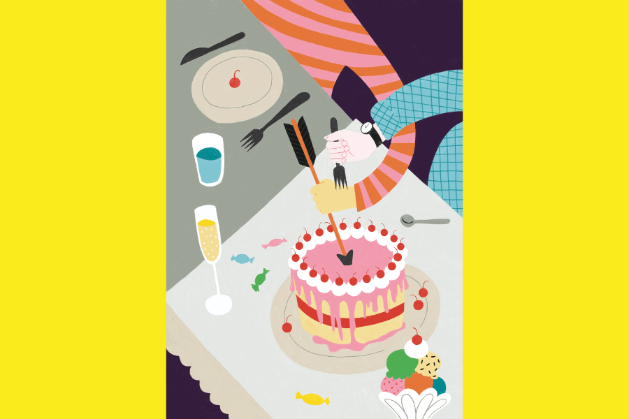 Illustration mit einem Essenstisch, auf dem eine Torte steht, in der ein Pfeil steckt.