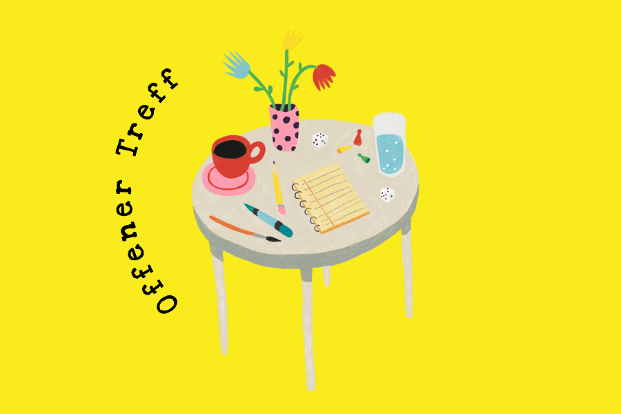 Illustration mit einem runden Tisch, auf dem eine Blumenvase, eine Kaffeetasse, ein Wasserglas, ein Notizblock und Stifte, Spielfiguren und Würfel liegen.