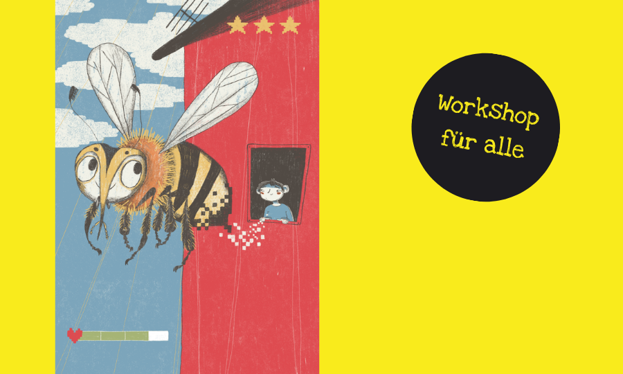 Illustration von einer Biene, die von einem roten Haus wegfliegt, aus dem ein Kin herausschaut