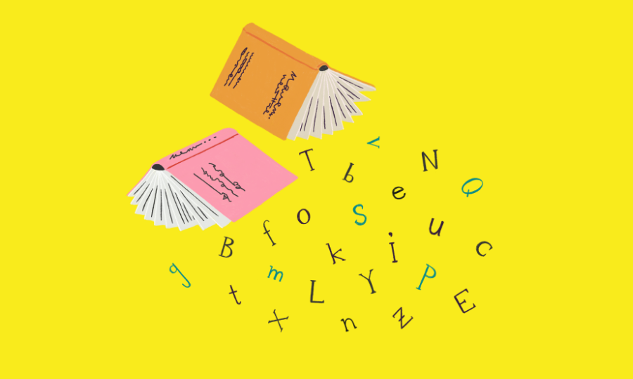 Illustration mit zwei Büchern, die offen sind und aus denen Buchstaben herausfallen.
