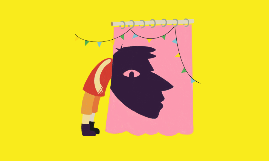 Illustration von einer Person, die ihren Kopf hinter einen rosa Vorhang streckt. Der Kopf erscheint überdimensional groß als Schatten auf dem Vorhang.