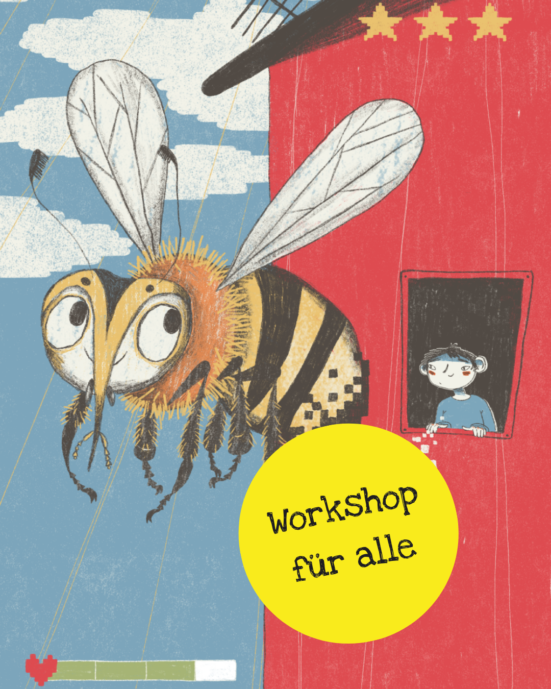 Illustration von einer Biene, die von einem roten Haus wegfliegt, aus dem ein Kin herausschaut