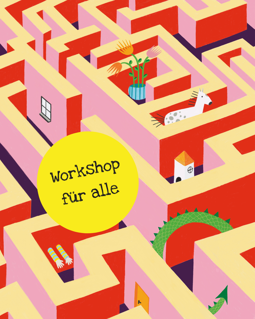 Illustration von einem Labyrinth. Man kann einen Drachenschwanz erkennen, einen kleinen Turm, eine Blume und ein Pferd.