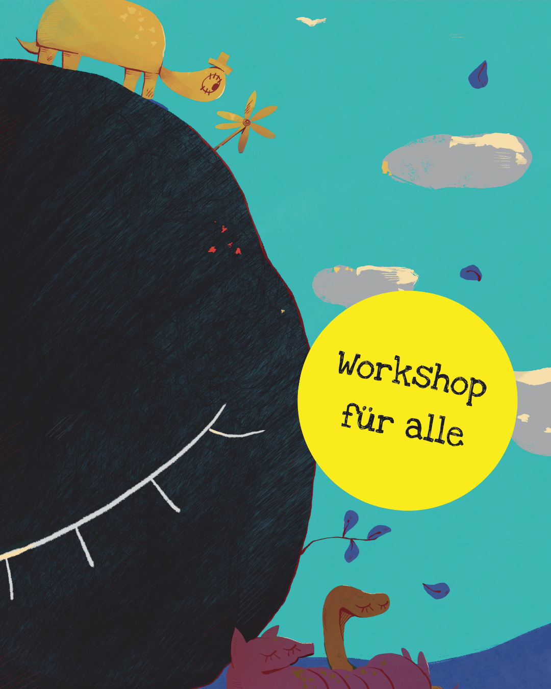 Illustration mit einer Schildkröte auf einem großen runden Stein, darunter eine Schlange und ein Gürteltier