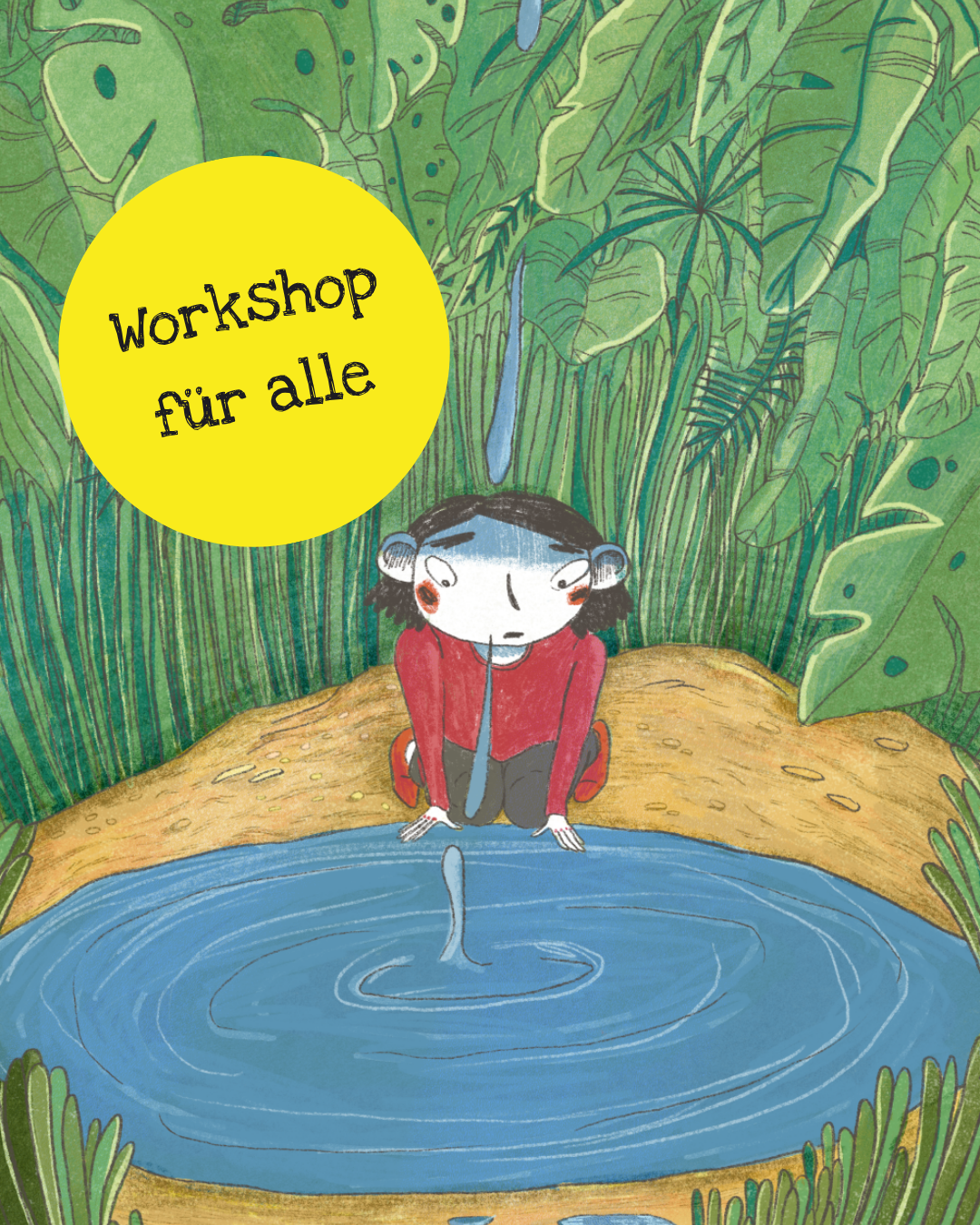 Grafik mit einem Kind, das in einen Teich schaut, in das ein Tropfen Wasser fällt.