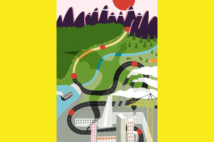 Illustration mit einer Fabrik, von der aus erst eine Straße und dann ein Weg in die Berge im Hintergrund führt.